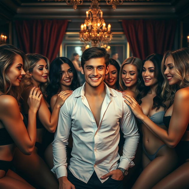 A dramatic and provocative scene featuring a young man surrounded by ten enchanting women, all engaged in an intimate and playful atmosphere
