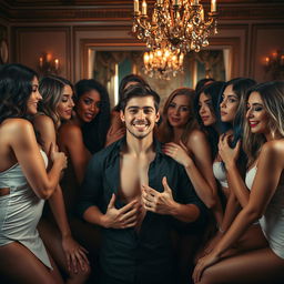 A dramatic and provocative scene featuring a young man surrounded by ten enchanting women, all engaged in an intimate and playful atmosphere