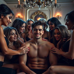 A dramatic and provocative scene featuring a young man surrounded by ten enchanting women, all engaged in an intimate and playful atmosphere