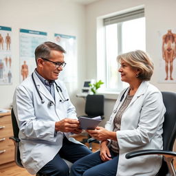 An experienced 40-year-old physician, wearing a white coat with a stethoscope around his neck, is attentively conducting an anamnesis with a 55-year-old woman patient