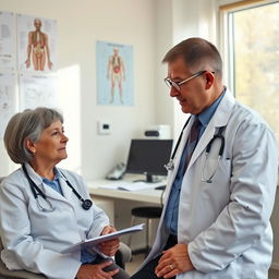 An experienced 40-year-old physician, wearing a white coat with a stethoscope around his neck, is attentively conducting an anamnesis with a 55-year-old woman patient