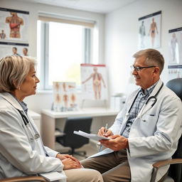 An experienced 40-year-old physician, wearing a white coat with a stethoscope around his neck, is attentively conducting an anamnesis with a 55-year-old woman patient