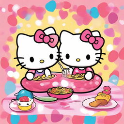 A high-quality digital art illustration featuring two Hello Kitty characters enjoying a meal together