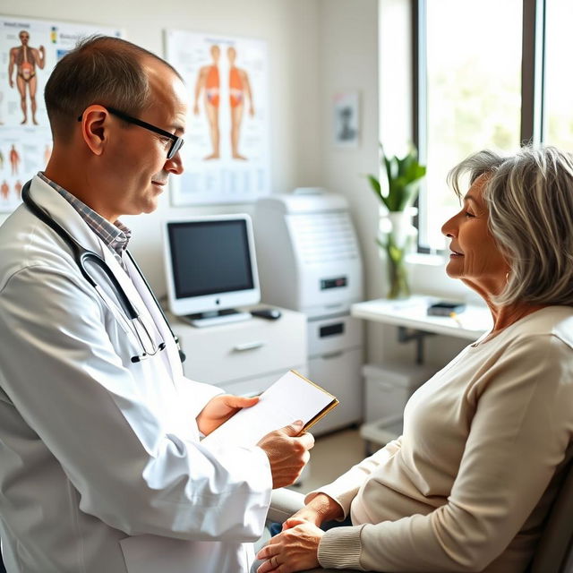 An experienced 40-year-old physician, wearing a white coat with a stethoscope around his neck, is attentively conducting an anamnesis with a 55-year-old woman patient