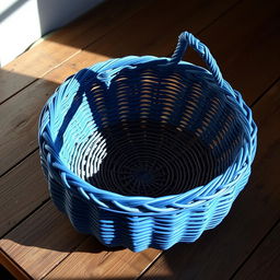 A beautifully crafted blue woven basket, showcasing intricate weaving patterns and subtle textures