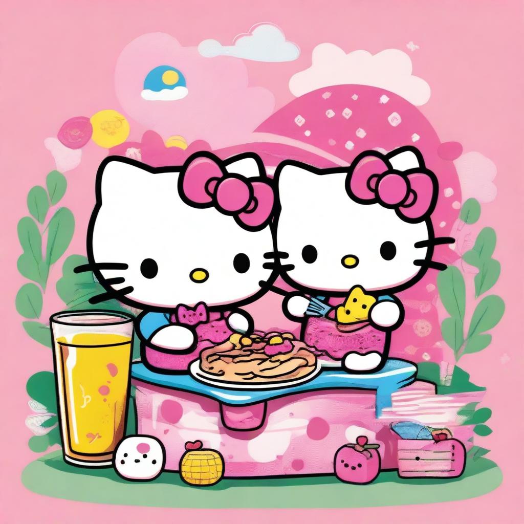 A high-quality digital art illustration featuring two Hello Kitty characters enjoying a meal together