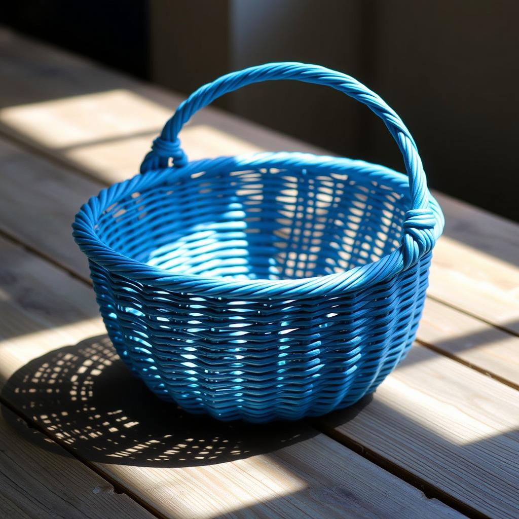 A beautifully crafted blue woven basket, showcasing intricate weaving patterns and subtle textures