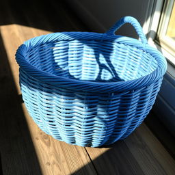 A beautifully crafted blue woven basket, showcasing intricate weaving patterns and subtle textures