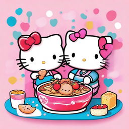 A high-quality digital art illustration featuring two Hello Kitty characters enjoying a meal together