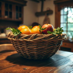 A beautifully crafted woven basket nestled on a rustic wooden table, showcasing intricate patterns and textures