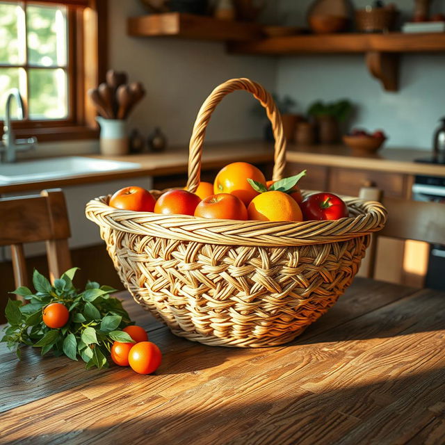 A beautifully crafted woven basket nestled on a rustic wooden table, showcasing intricate patterns and textures