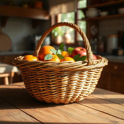 A beautifully crafted woven basket nestled on a rustic wooden table, showcasing intricate patterns and textures