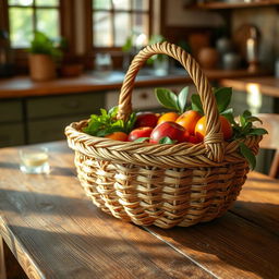 A beautifully crafted woven basket nestled on a rustic wooden table, showcasing intricate patterns and textures