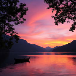 A serene sunset over a tranquil lake, the sky painted in hues of purple, orange, and pink