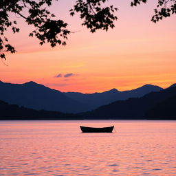 A serene sunset over a tranquil lake, the sky painted in hues of purple, orange, and pink