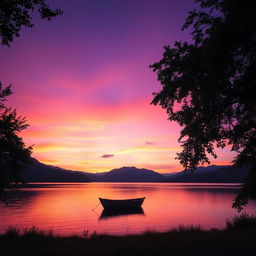A serene sunset over a tranquil lake, the sky painted in hues of purple, orange, and pink