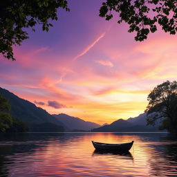 A serene sunset over a tranquil lake, the sky painted in hues of purple, orange, and pink