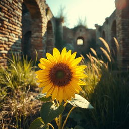 A vibrant sunflower blooming amidst a beautifully degraded entourage, showcasing an enchanting contrast between the bright yellow petals of the sunflower and the rustic, weathered surroundings