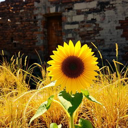 A vibrant sunflower blooming amidst a beautifully degraded entourage, showcasing an enchanting contrast between the bright yellow petals of the sunflower and the rustic, weathered surroundings