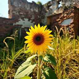A vibrant sunflower blooming amidst a beautifully degraded entourage, showcasing an enchanting contrast between the bright yellow petals of the sunflower and the rustic, weathered surroundings