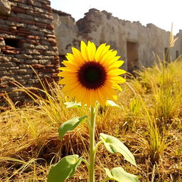 A vibrant sunflower blooming amidst a beautifully degraded entourage, showcasing an enchanting contrast between the bright yellow petals of the sunflower and the rustic, weathered surroundings