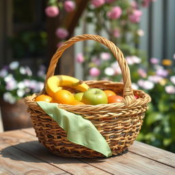 A beautifully crafted woven basket displayed in natural sunlight, showcasing intricate patterns and varying shades of brown and beige