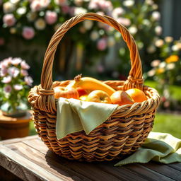 A beautifully crafted woven basket displayed in natural sunlight, showcasing intricate patterns and varying shades of brown and beige