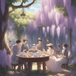 A Makoto Shinkai style digital art piece depicting a Victorian high tea party under a wisteria canopy