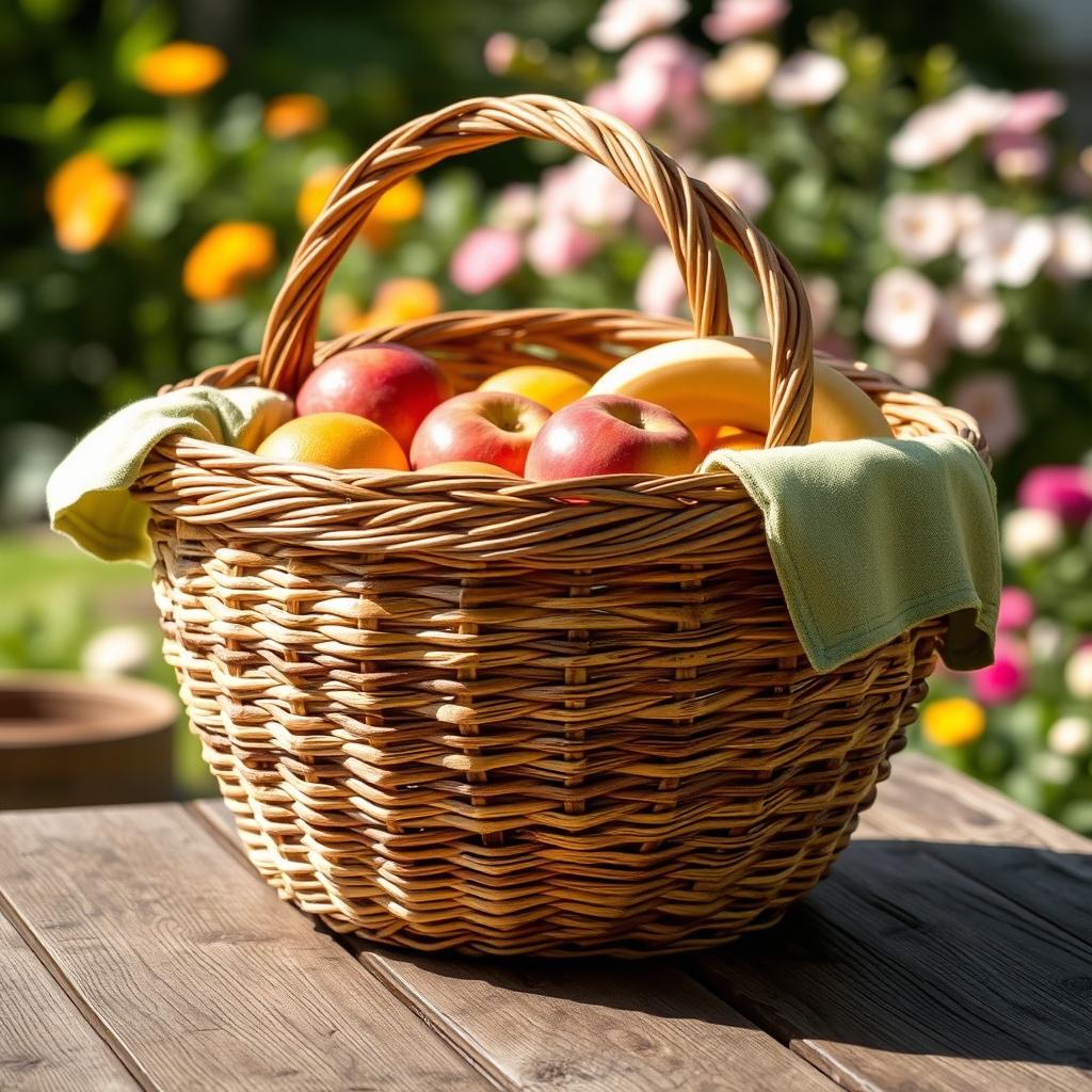 A beautifully crafted woven basket displayed in natural sunlight, showcasing intricate patterns and varying shades of brown and beige