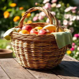 A beautifully crafted woven basket displayed in natural sunlight, showcasing intricate patterns and varying shades of brown and beige