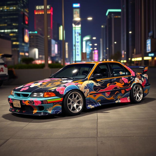 A customized 1997 Ford Taurus body kit featuring a striking Japanese drift style paint design