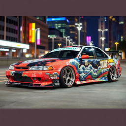 A customized 1997 Ford Taurus body kit featuring a striking Japanese drift style paint design
