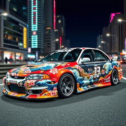 A customized 1997 Ford Taurus body kit featuring a striking Japanese drift style paint design