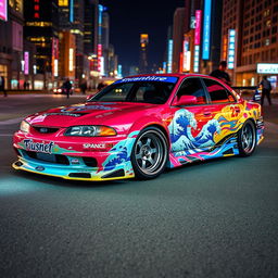 A customized 1997 Ford Taurus body kit featuring a striking Japanese drift style paint design