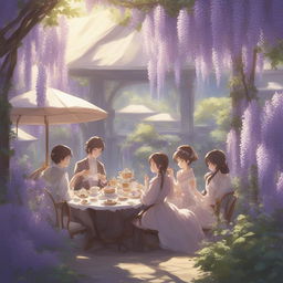 A Makoto Shinkai style digital art piece depicting a Victorian high tea party under a wisteria canopy