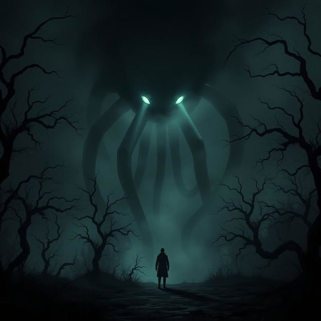 A surreal and dark fantasy scene depicting a giant, ominous creature with elongated tentacles, hovering over a secluded forest