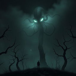 A surreal and dark fantasy scene depicting a giant, ominous creature with elongated tentacles, hovering over a secluded forest