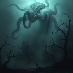 A surreal and dark fantasy scene depicting a giant, ominous creature with elongated tentacles, hovering over a secluded forest