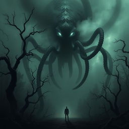 A surreal and dark fantasy scene depicting a giant, ominous creature with elongated tentacles, hovering over a secluded forest