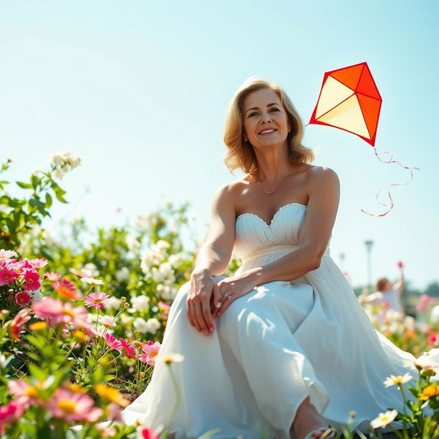 A 40-year-old woman with an enchanting presence is gracefully seated in a sunlit garden surrounded by blooming flowers