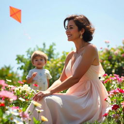 A 40-year-old woman with an enchanting presence is gracefully seated in a sunlit garden surrounded by blooming flowers