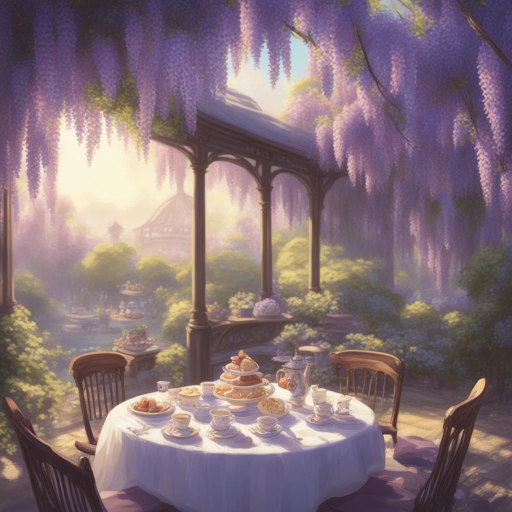 A Makoto Shinkai style digital art piece depicting a Victorian high tea party under a wisteria canopy