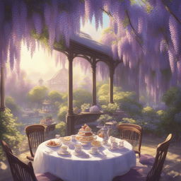 A Makoto Shinkai style digital art piece depicting a Victorian high tea party under a wisteria canopy