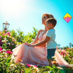 A 40-year-old woman with an enchanting presence is gracefully seated in a sunlit garden surrounded by blooming flowers