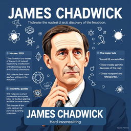 A visually engaging educational poster about James Chadwick, featuring a portrait of Chadwick in a thoughtful pose, surrounded by elements related to his discoveries in nuclear physics, particularly the discovery of the neutron