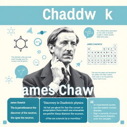 A visually engaging educational poster about James Chadwick, featuring a portrait of Chadwick in a thoughtful pose, surrounded by elements related to his discoveries in nuclear physics, particularly the discovery of the neutron