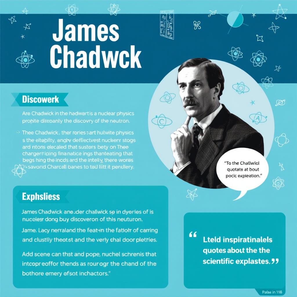 A visually engaging educational poster about James Chadwick, featuring a portrait of Chadwick in a thoughtful pose, surrounded by elements related to his discoveries in nuclear physics, particularly the discovery of the neutron