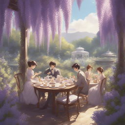 A Makoto Shinkai style digital art piece depicting a Victorian high tea party under a wisteria canopy