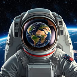 An astronaut in a space suit, with a heart-shaped reflection of Earth in the visor of their helmet