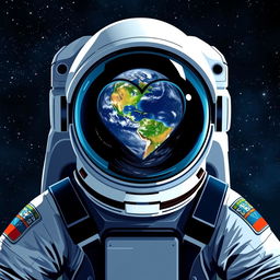 An astronaut in a space suit, with a heart-shaped reflection of Earth in the visor of their helmet